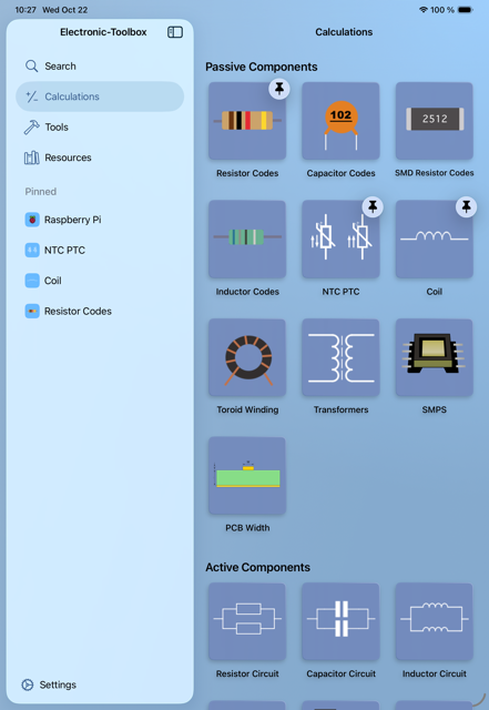 Pinned tools in the sidebar